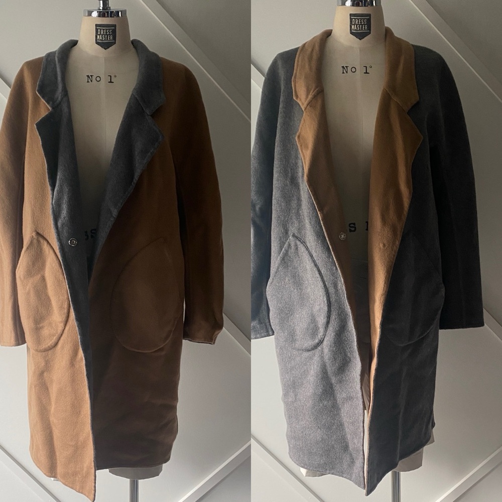 Kit and Ace Reversible Wool Coat Camel Charcoal Grey Approx S–M